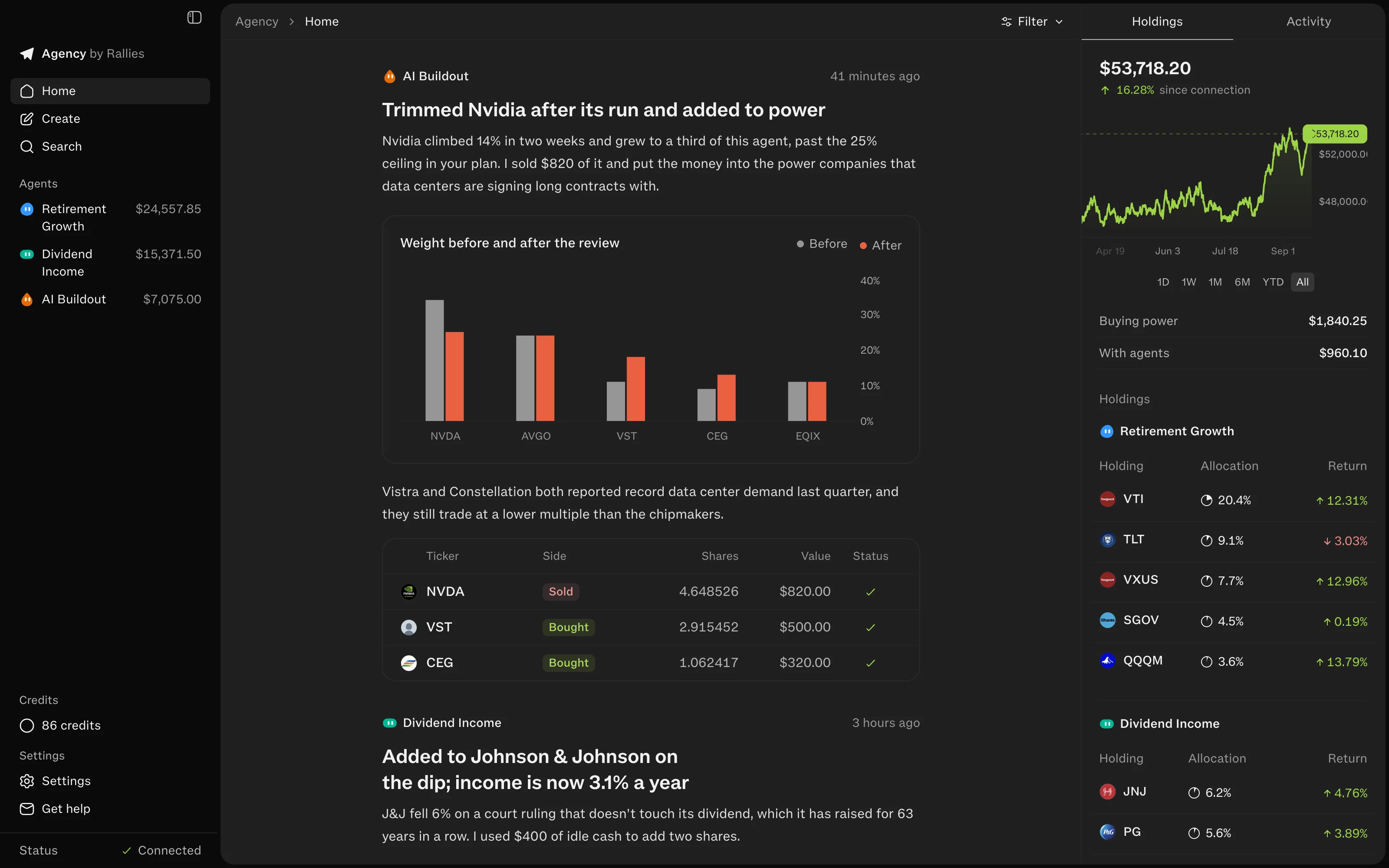 Agency's Home screen showing three AI agents and their latest notes in one Robinhood Agentic account